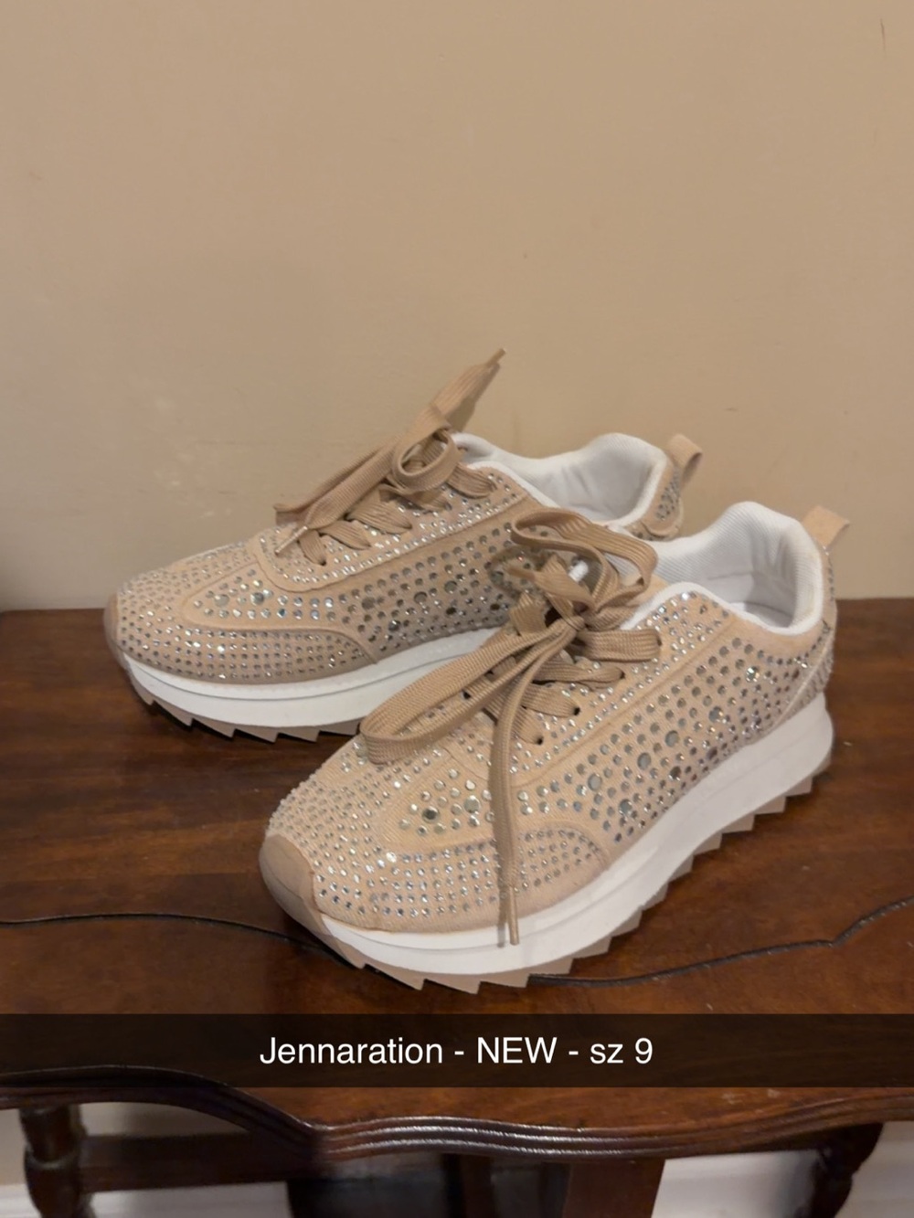 Beige Rhinestone Platform Sneakers - Women's